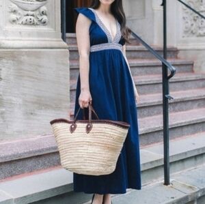 J. Crew Navy V-Neck Empire Maxi Dress with Trim